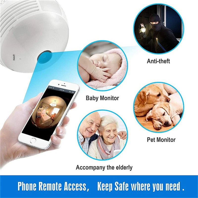 1080P LED mini FishEye 360 degree CCTV camera VR Wireless HD Wifi Light Bulb camera