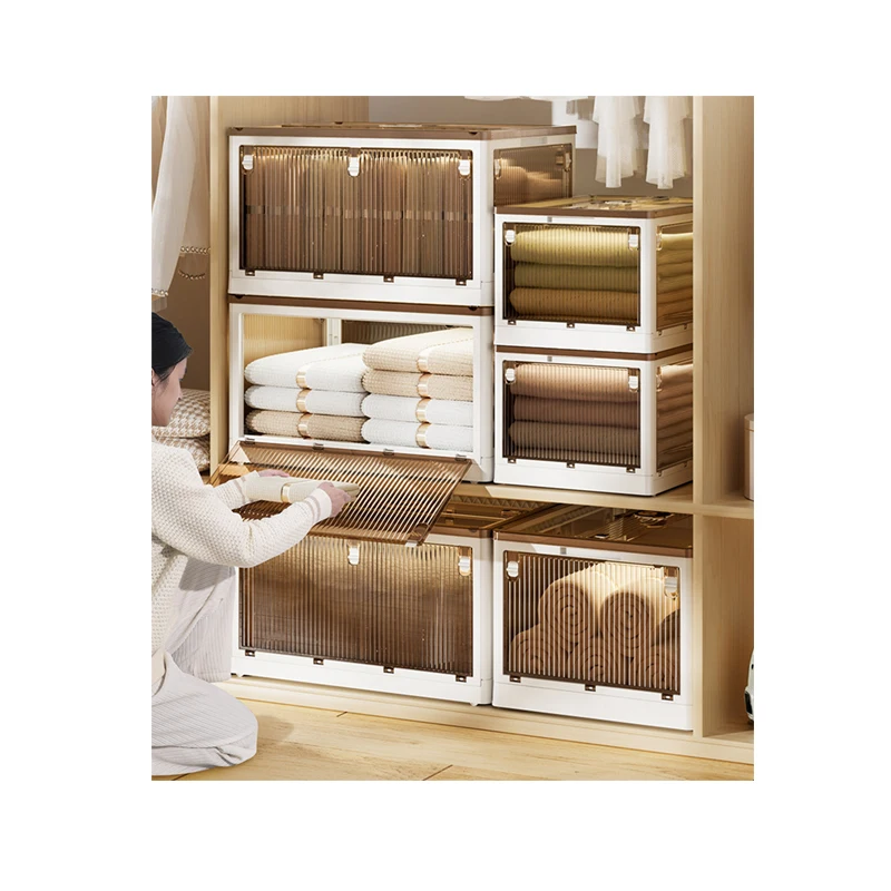 Wholesale side open door stackable household transparent large capacity clothes storage box folding plastic box with wheel