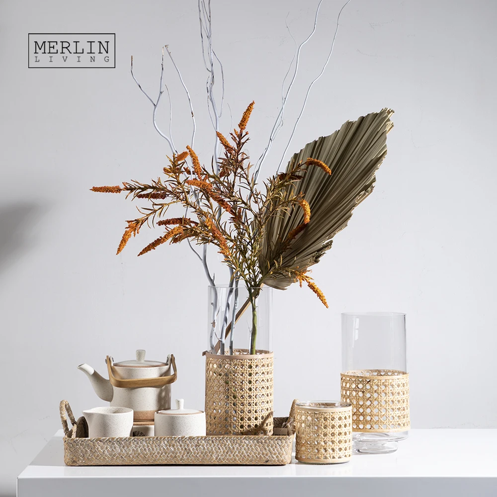 Merlin Living Rattan Glass Vase Decoration Rustic Garden Glass Flower Vase For Cylinder Glass Vase