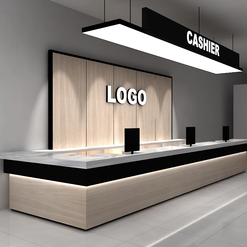Modern Cashier Table Custom  office front desk background wall display racks designing  led light Display Racks For Shops