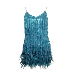 Sexy  Mini Dress Beach Party Club Night Spaghetti Strap Tassel Dress Pink Feather Dress