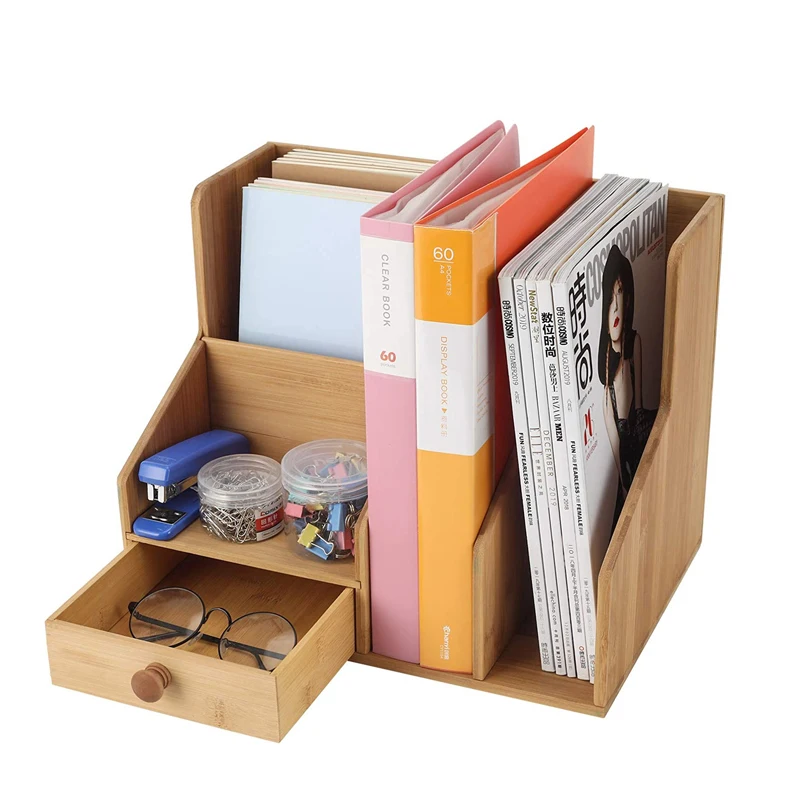 Bamboo Desktop File Organizer with Drawer Workspace File Holder with 2 Section Filing Sorter
