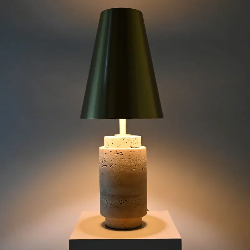 Solid Natural Travertine Stone Base Living Room Bedroom Decorative Metal Lampshade Classic Table Lamp