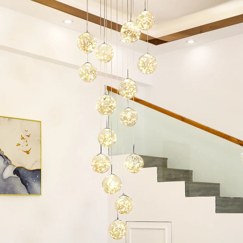 2023 New Design Hotel Luxury Hanging Staircase Cloth Full Of Stars Art Personality Duplex Modern Long Chandelier