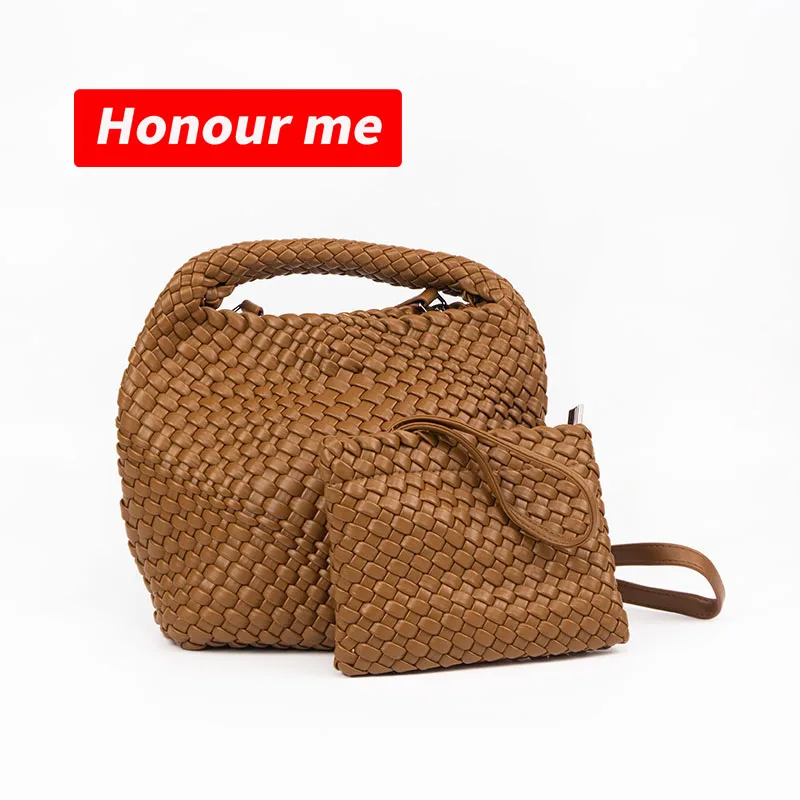 HONOUR ME New Arrive Customize Add logo Leather Hand-Knitted Beach Tote Bag Hand Make Bag PU Woven Bag