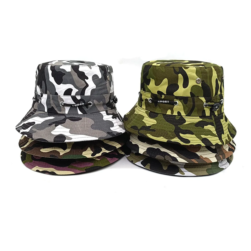 Wholesale Cheap Printed Camouflage Fisherman Fashon Hats Women Summer Surf Bach Outdoor Polyester Sun Bucket Camo Hat Reversible
