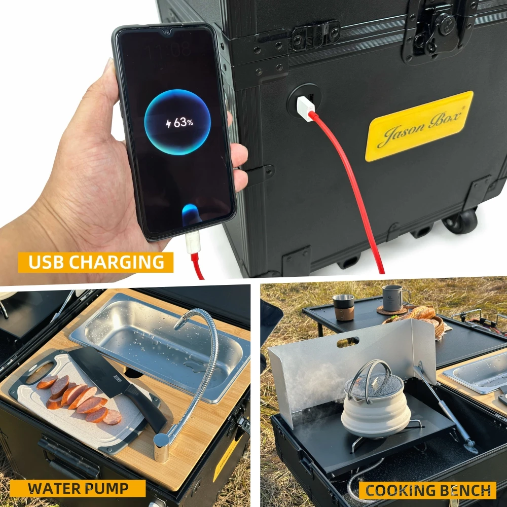 Jason Camping Standard Edition Aluminum Folding Portable Picnic Table Multi-Functional Outdoor Mobile Kitchen Box go together