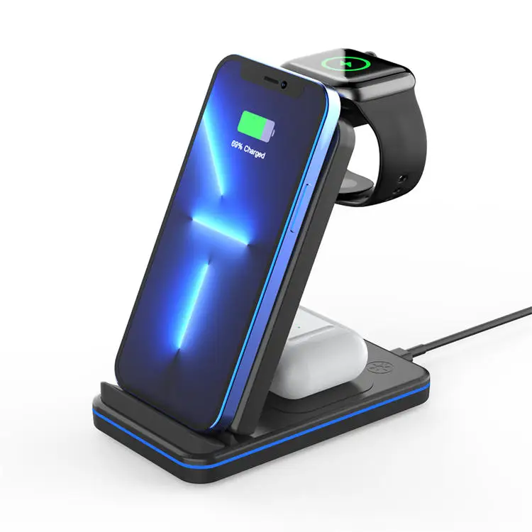 Best Duo Dual Coils Qi Fast 15W Wireless Charger 3 in 1 for AirPods Samsung  for Apple Watch  phone