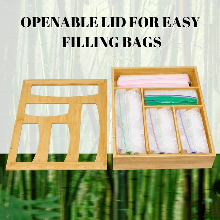 Wholesale open lid wooden baggie box food storage bag holders plastic bag dispenser