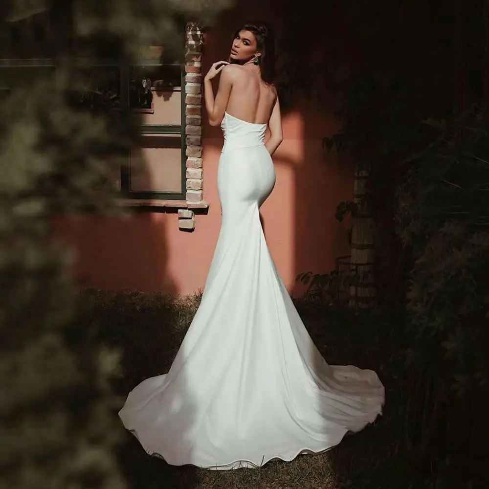Bride Solid Satin Party Gowns Bohemian Bridal Gowns Long Train Strapless White Mermaid Wedding Dresses
