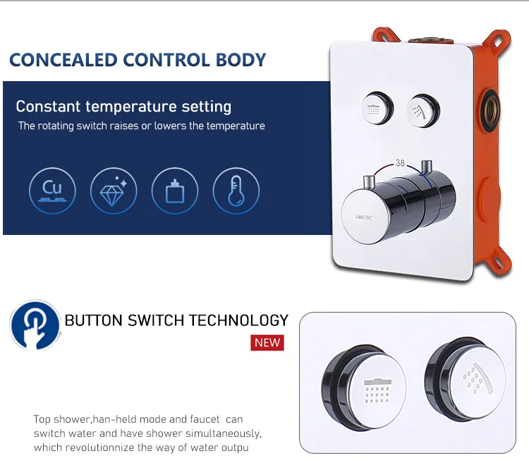 wholesale high quality Chrome square rain smart thermostatic concealed shower mixer valve