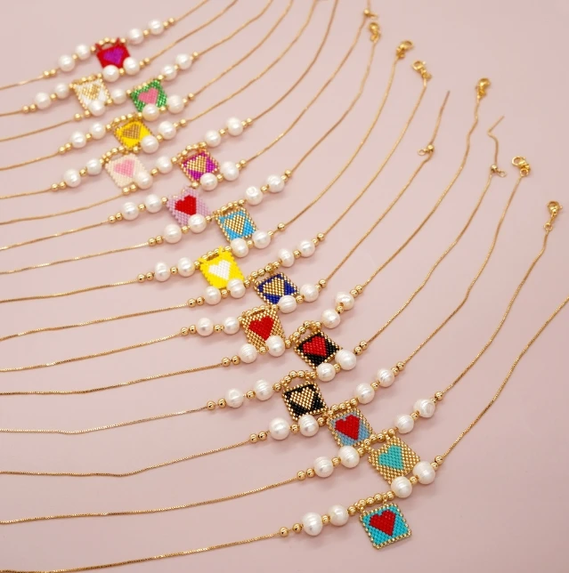 Fashion Pendant Tiny Beaded Necklaces For Women Girl Stacking Freshwater Pearls Braided Love Heart Pattern Friendship