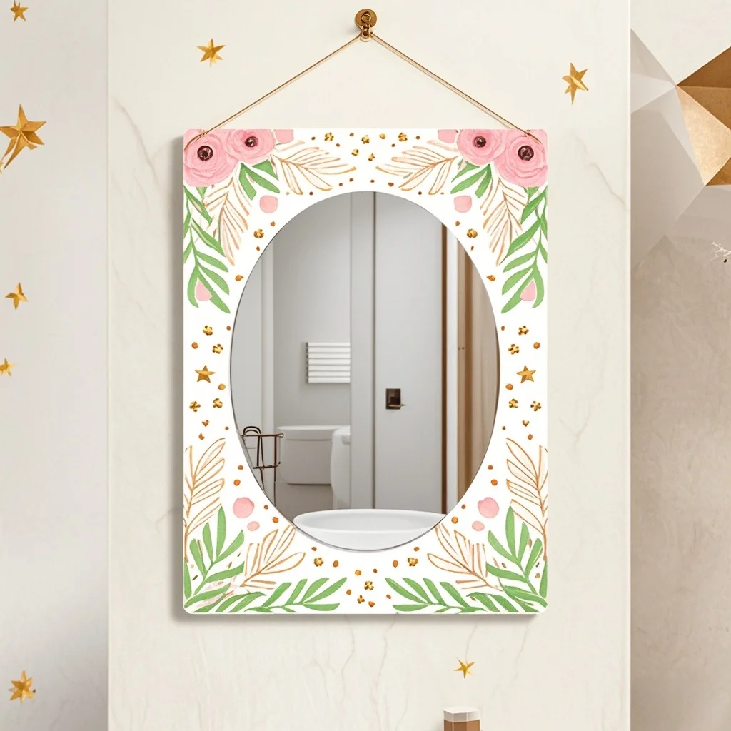 Custom Carved Mosaic PVC Acrylic Mirror Green Flower Design Frameless Hanging with Rope Elegant Ramadan Gift for Home & Hotel