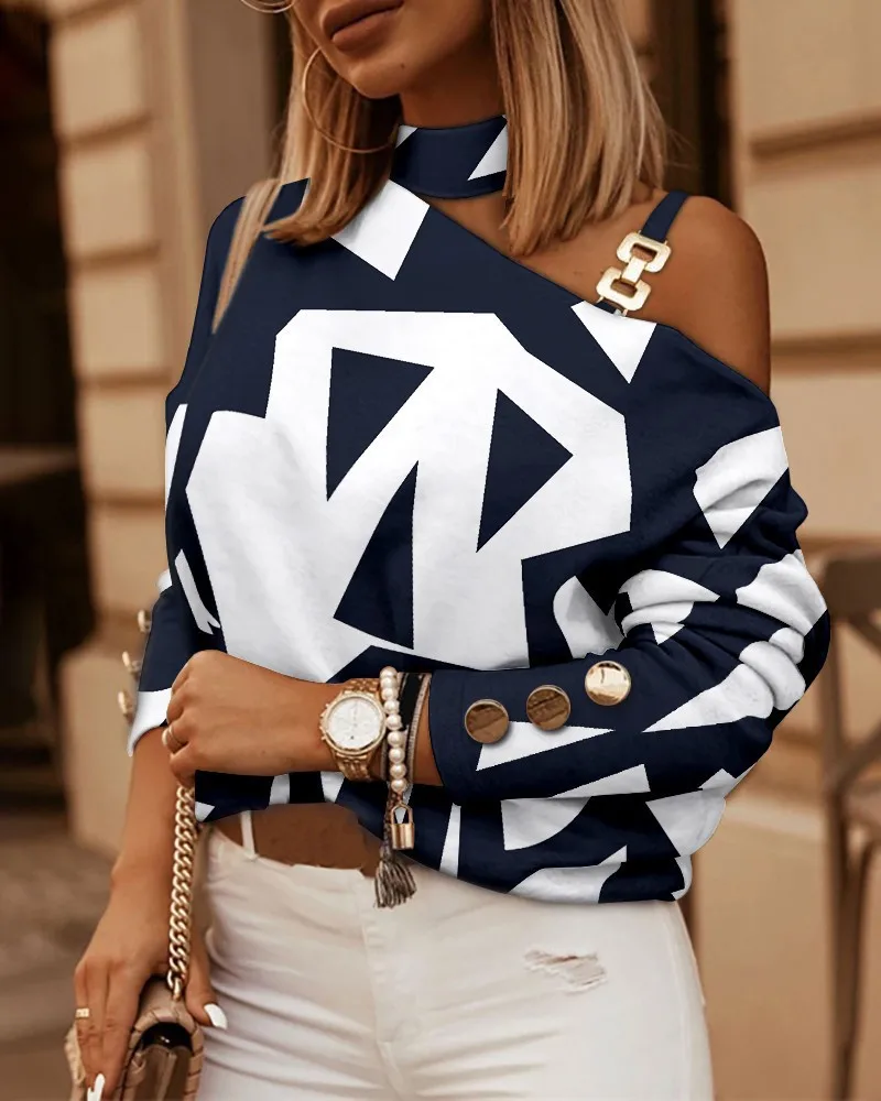 New Fashion Long Sleeve Diagonal Shoulder Chain Decorative Top Blouse Female Off Shoulder Tops Shirts Blouse Women Tops
