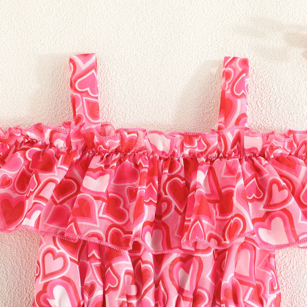2024 Summer Girls Valentines Day Clothes Off Shoulder Love Heart Pattern Toddler Chiffon Casual Dress Wholesale Kids Dresses