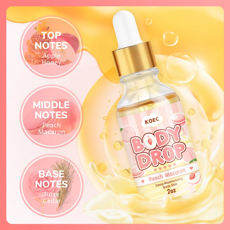 KOEC Peach Macaron Body Oil Wholesale Moisturizing 100%Natural Scent Essential Oil for Face&Body Nourishing Donut 2oz Body Juice