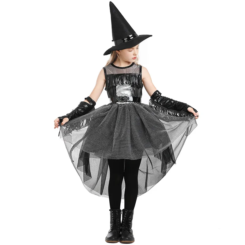 Halloween Crow Witch Costume Black Goth Style Girls Performance Puffy-Tail Dress for Girls Witch Performance