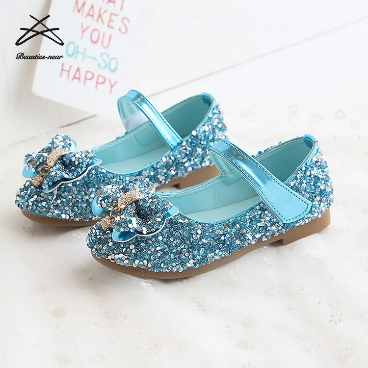 2022 Girls New Design Bling Sequins Bow Knot Buckle Strap High-heeled Kids Princess Shoes Performance Shoes Durable Shoes