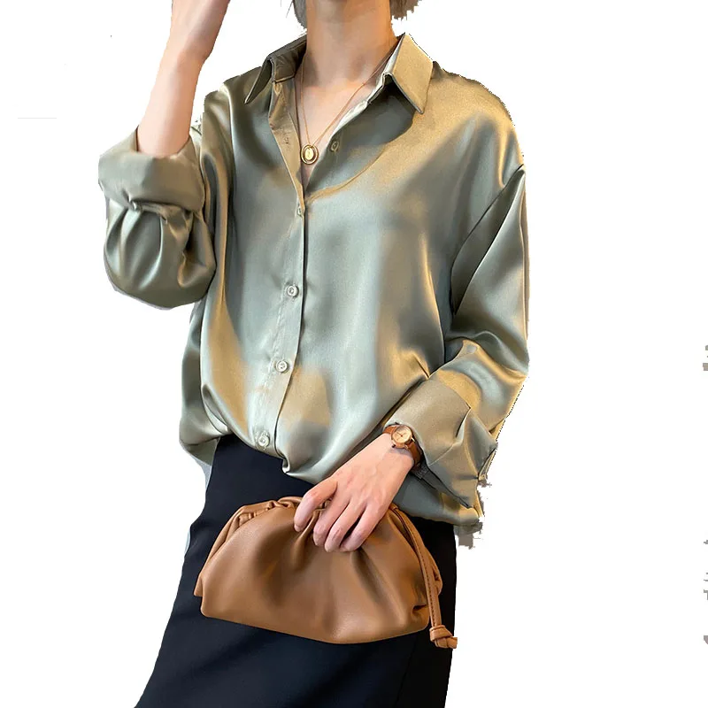Autumn Fashion Button Up Satin Silk Shirt Vintage Blouse Women White Lady Long Sleeves Female Loose Street Shirts