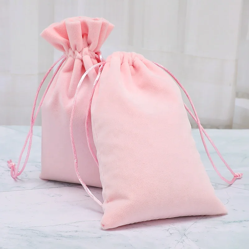 Pink Velvet Fabric Jewelry Drawstring Packing Bag For Treasure Storage Custom Logo Printed Jewelry Bag Pouch
