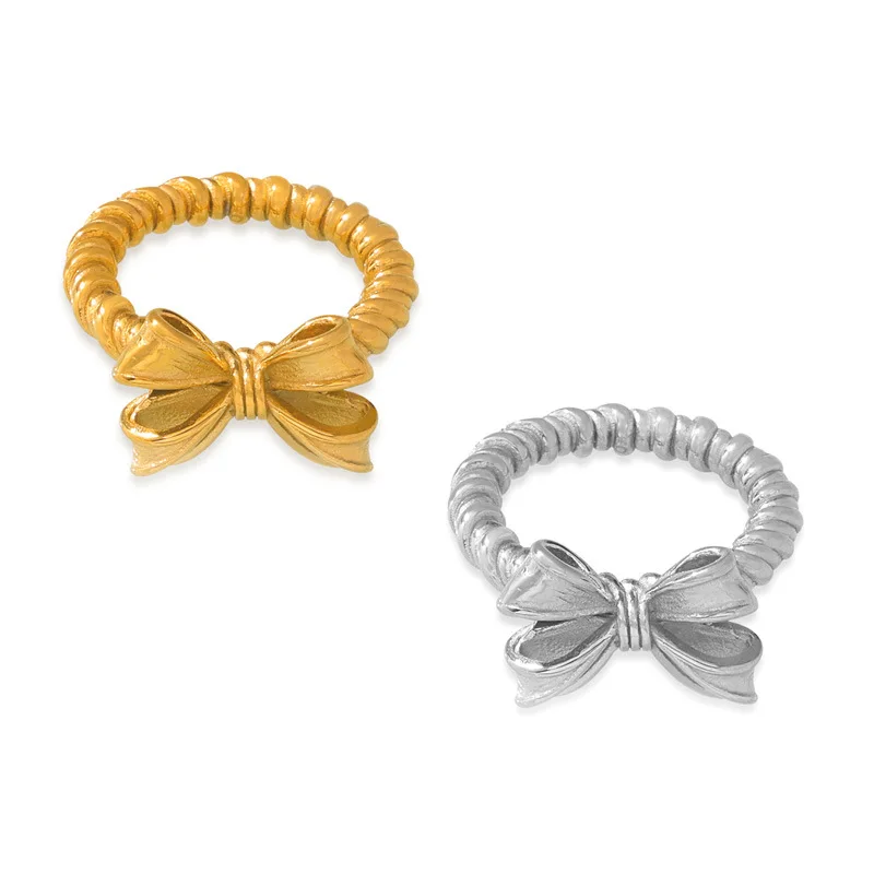 Fashion simple personality bow design sense geometric hemp wreath stainless steel gold plated ring