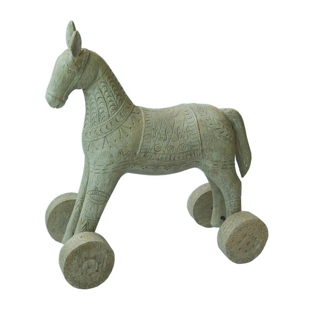 Home Decoration Horse Sculpture Wholesale Resin Horse Animal Figurine Vintage Toy Wood Effect Polyresin Horse Statue on Wheels