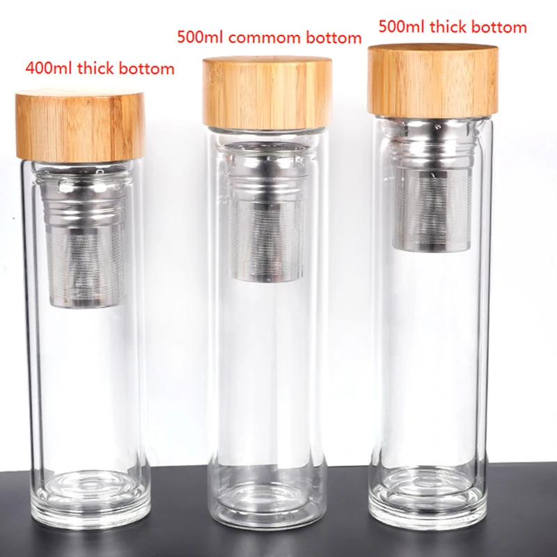 Eco-friendly Double Wall High Borosilicate Glass Water Bottle Insulated Tea Infuser Straight Tumbler Tea Cup With Bamboo Lids