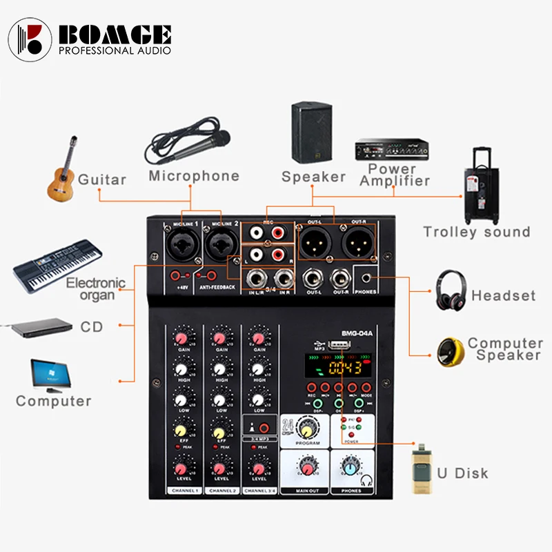 BMG 24 DSP usb blueteeth sound audio mixer audio mixing console 5V power supply by usb buses and mobile charger