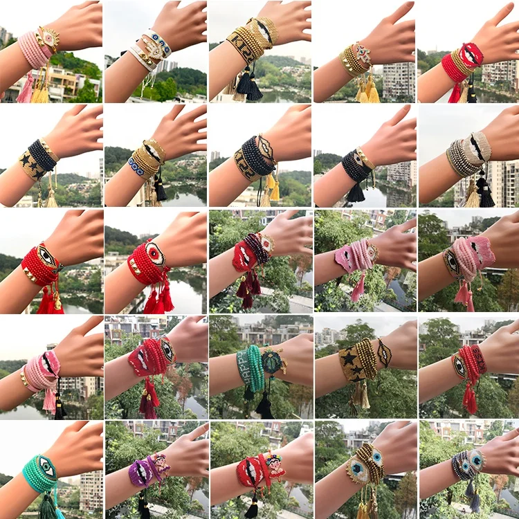 Moyamiya Wholesale Miyuki Seed Beads Turkish Evil Eyes Stretch Bracelets Latest Women Jewelry Set