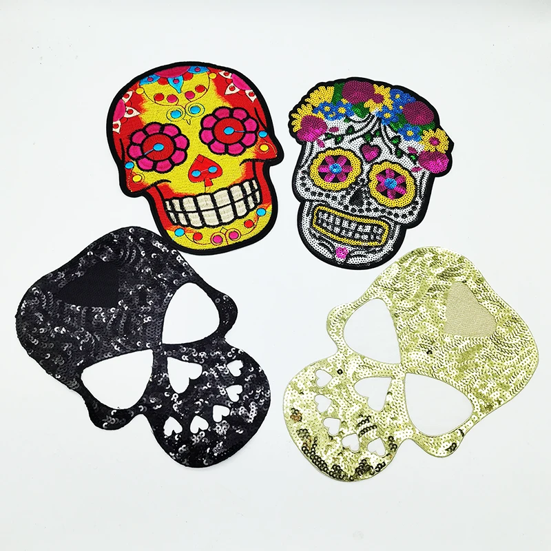 Rose flower head skull design stock heat press embroidered badges and patches for clothing