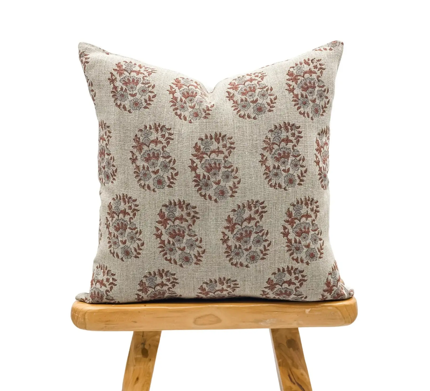 Custom Floral Rust Saffron with Blue Grey on Natural Linen Pillow Cover Manikarnika Block Print 100% Cotton Cushion Covers/