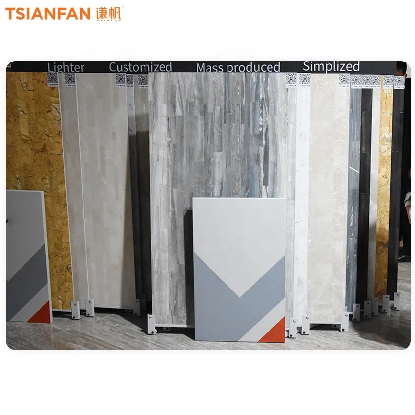 China manufacturer tile holder garden floor stone display rack plated steel tiles horizontal pull slab push tile display rack