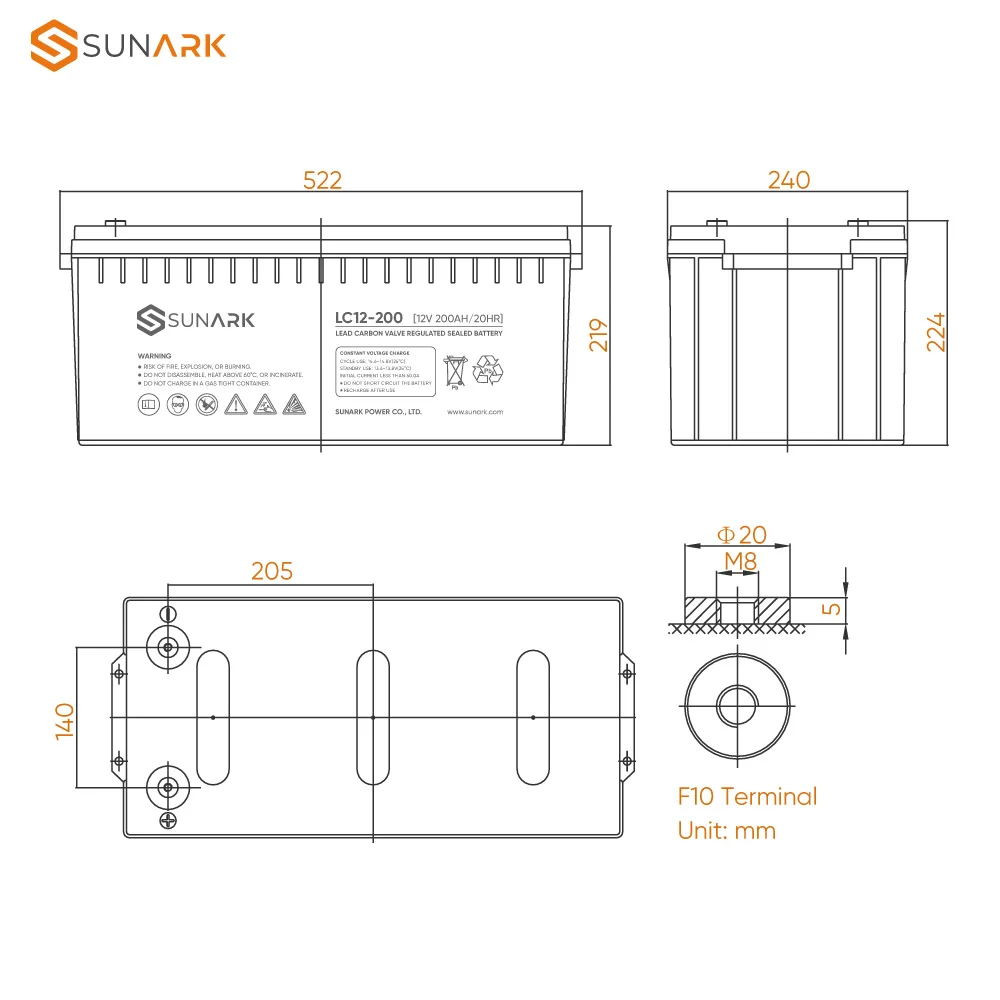 Аккумуляторная батарея с регулируемым клапаном для глубокого цикла SunArk 12 В 200 А/ч графеновые свинцово-углеродные батареи