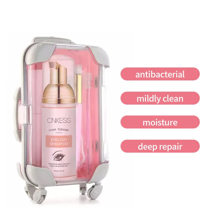 Cnklash 60ml Soap Foaming Pink Mascara Wands Long Synthetic Lash and Brushes Luggage Kit for Eyelash Extension and Beauty