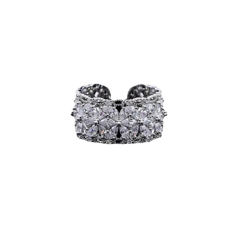European American High-End Index Finger Ring Elegant Zircon Flower Open Ring Design New  Made Stainless  Ring