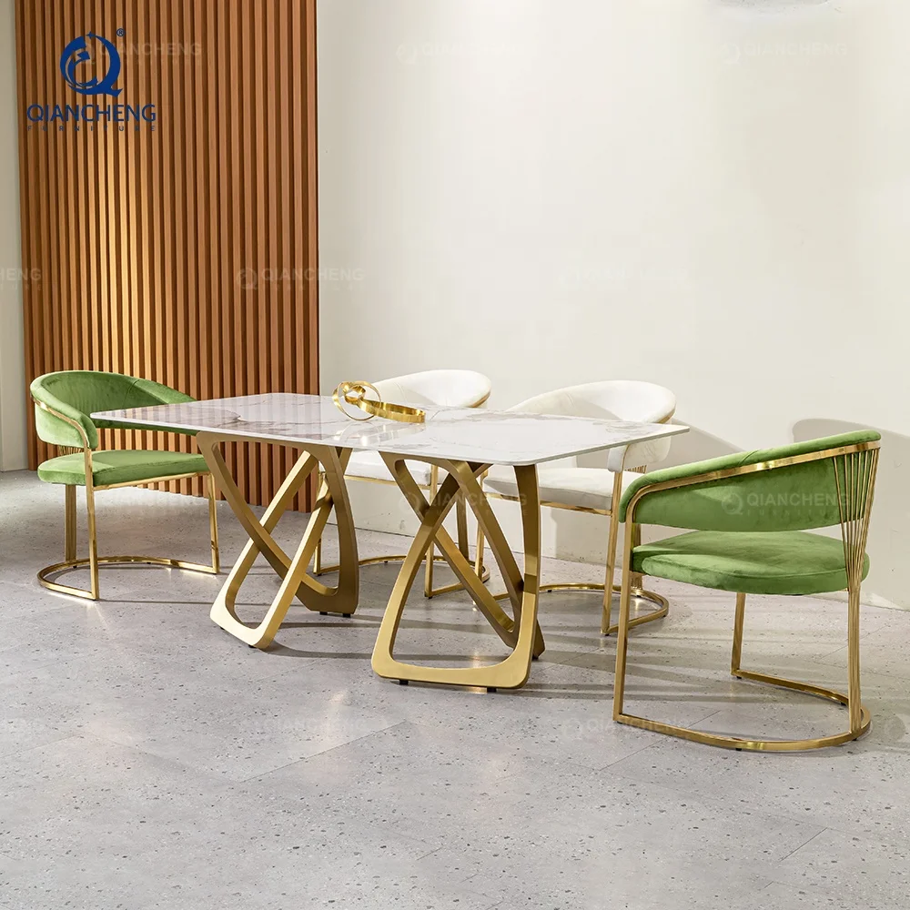 Power sellers chrome mirror luxury stainless steel marble dining set high end modern dinning room restaurant table