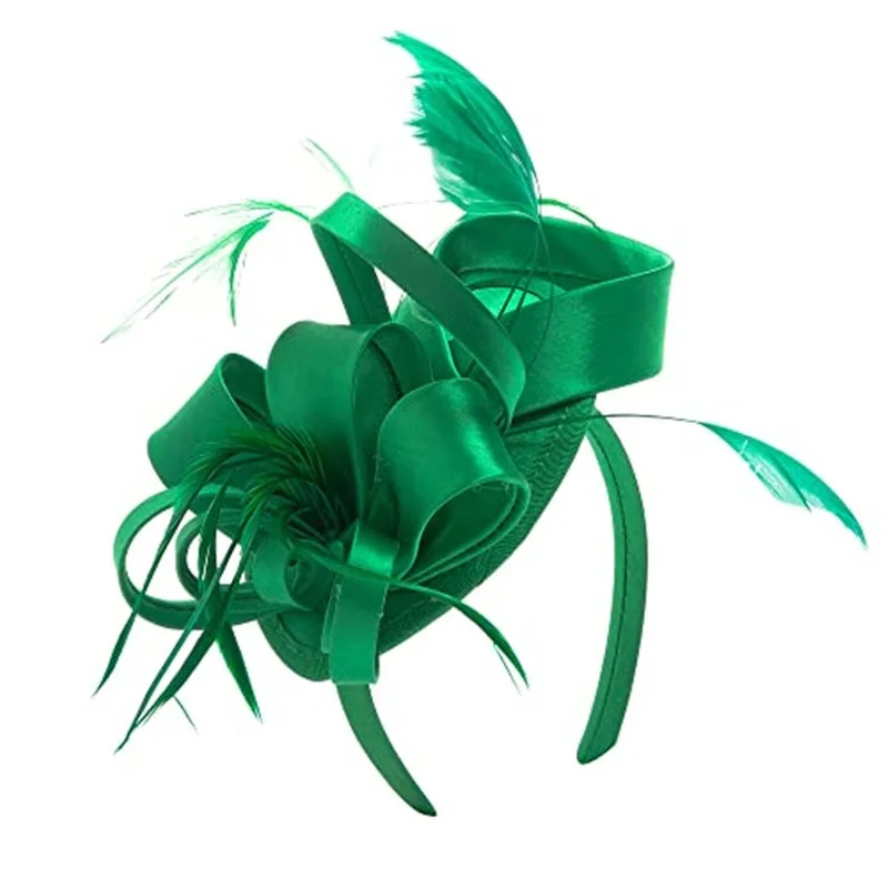 2024 Latest Design Hair Accessories Red Satin and Feather Mini Hat Fascinator Hairband Headband