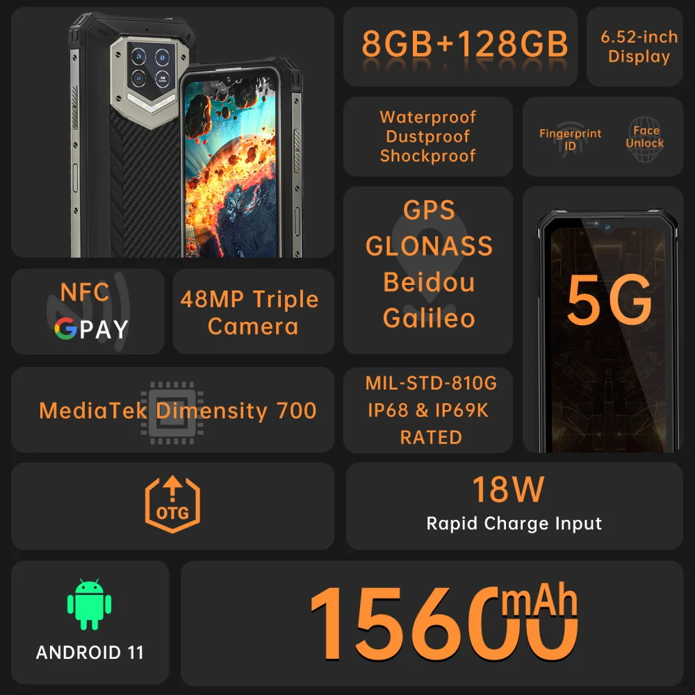 Последняя прочный Смартфон Oukitel WP15 5G мобильный телефон с функцией 8 Гб оперативной памяти 128 ГБ ROM 6 51