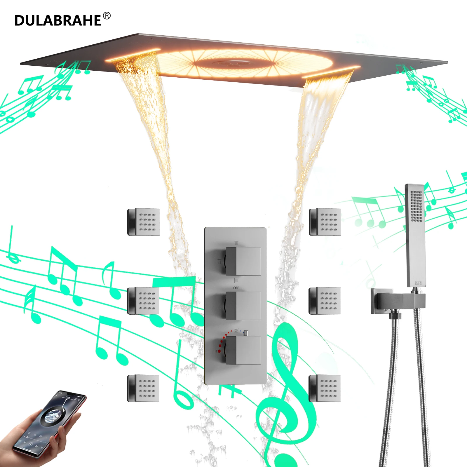 DULABRAHE 2024 NEW 4 Functions Luxury Bathroom Shower Faucet Brushed Nickel Wall Mounted Thermostatic Shower Set with Music