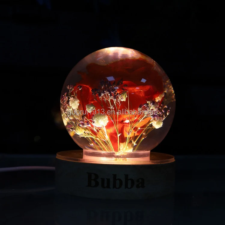Luxury Cute Real Flower Ball Night Light Pressed Flower Crystal Wood Base Led Night Light Decoration Atmosphere Light