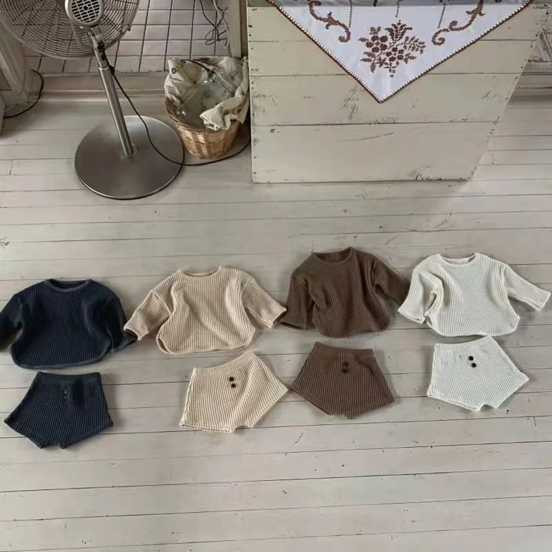 Комплекты детской одежды из 100% органического хлопка, 2 предмета, пуловер для младенцев с вафельным узором, летние комплекты одежды для мальчиков
