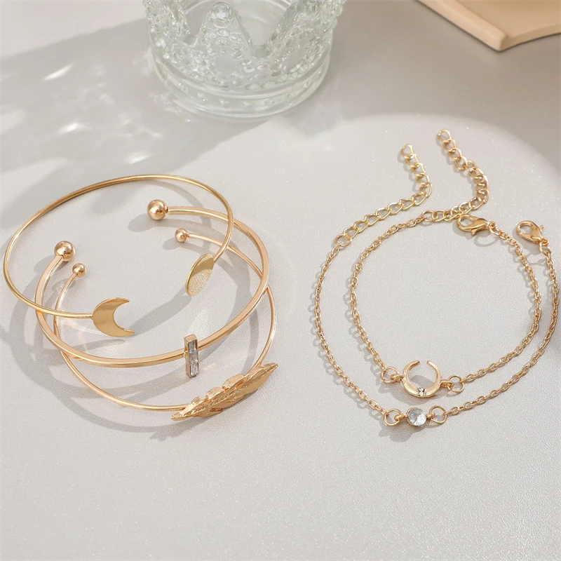 Fashion Rose Gold Silver Plated Jewelry Twist Diamond Layered Open Crystal Sun Moon Leaf Bracelet For Women