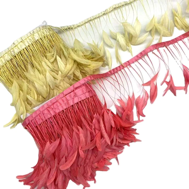 Cheap sale 10-15cm stripped Rooster tail Feather fabric trim With Satin Ribbon Tape