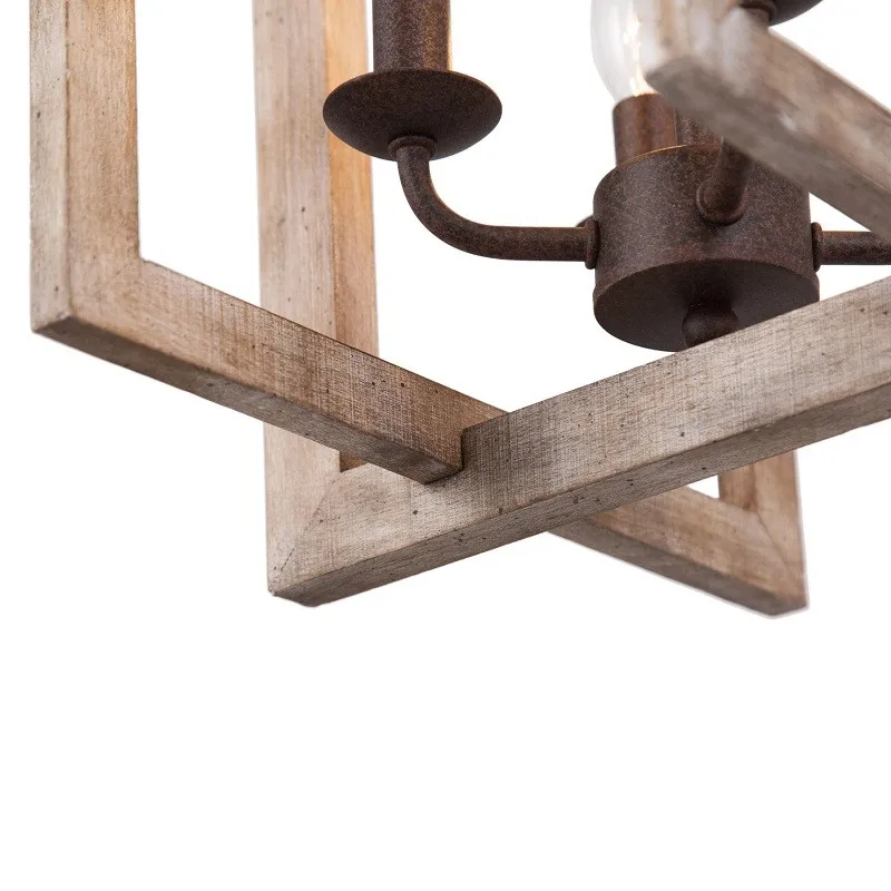 American Rustic Retro Chandelier Square wrought iron and wood art Pendant Light for Dinning Room