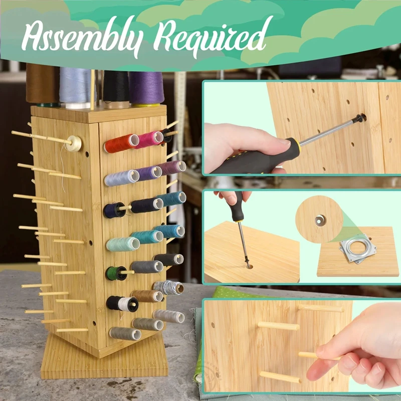 72-Spools Wooden Thread Holder Sewing Embroidery Rack Organizer with Hanging Hooks Stand Type for Convenient Sewing
