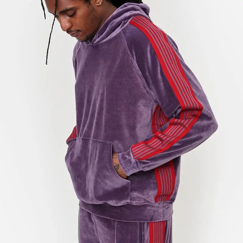 Custom Fabric Mercerized Velvet Side Stripes Sweatsuit Tapered Winter Tracksuits For Men