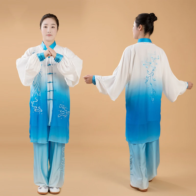 The new spring and autumn style gradient color dragon and phoenix embroidery three-piece martial arts suits and Tai Chi suits