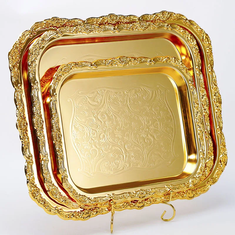 Factory Outlet Three Piece eid Golden Fruit Decorative Tray  sets European Stainless Steel Serving Rectangular Tray