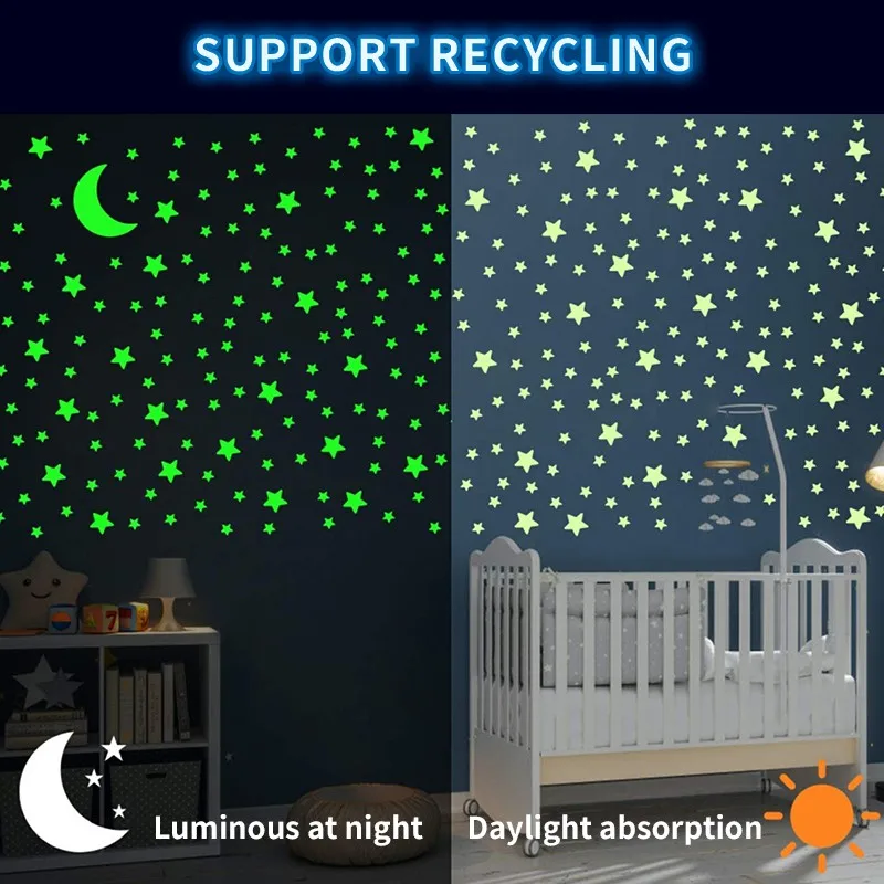 3D DIY Luminous Vinayl Wall Stickers Moon stars Glow in the Dark Wall Fluorescent Glow Stickers