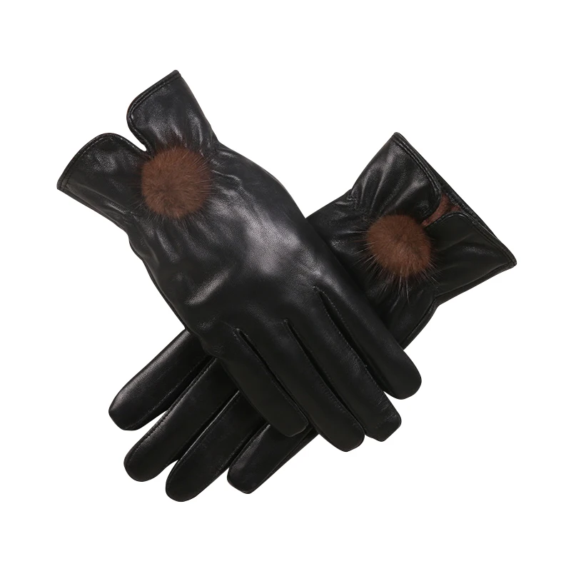 New autumn and winter ladies outdoor riding warm and cold protection plus down mink leather mittens